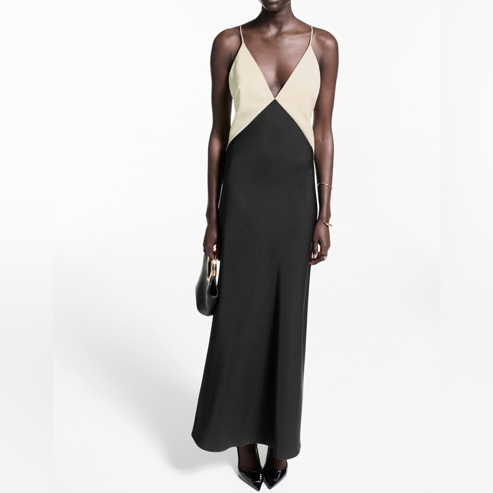 Mango Two-Tone Lingerie Maxi Dress Black Cream Colorblock NWT Size‎ M - Picture 3 of 13